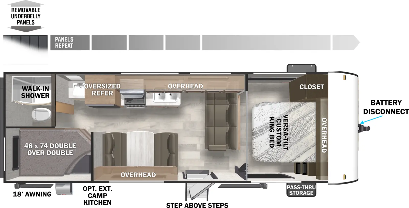 The Cruise Lite 261BHXL has one entry and zero slide outs. Exterior features include: metal exterior, 18' awning and outside kitchen. Interiors features include: bunk beds and front bedroom.